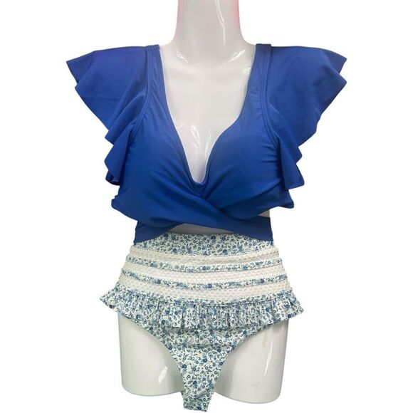 Tularosa Blue and White High Waist Bikini Set - Picture 1 of 11